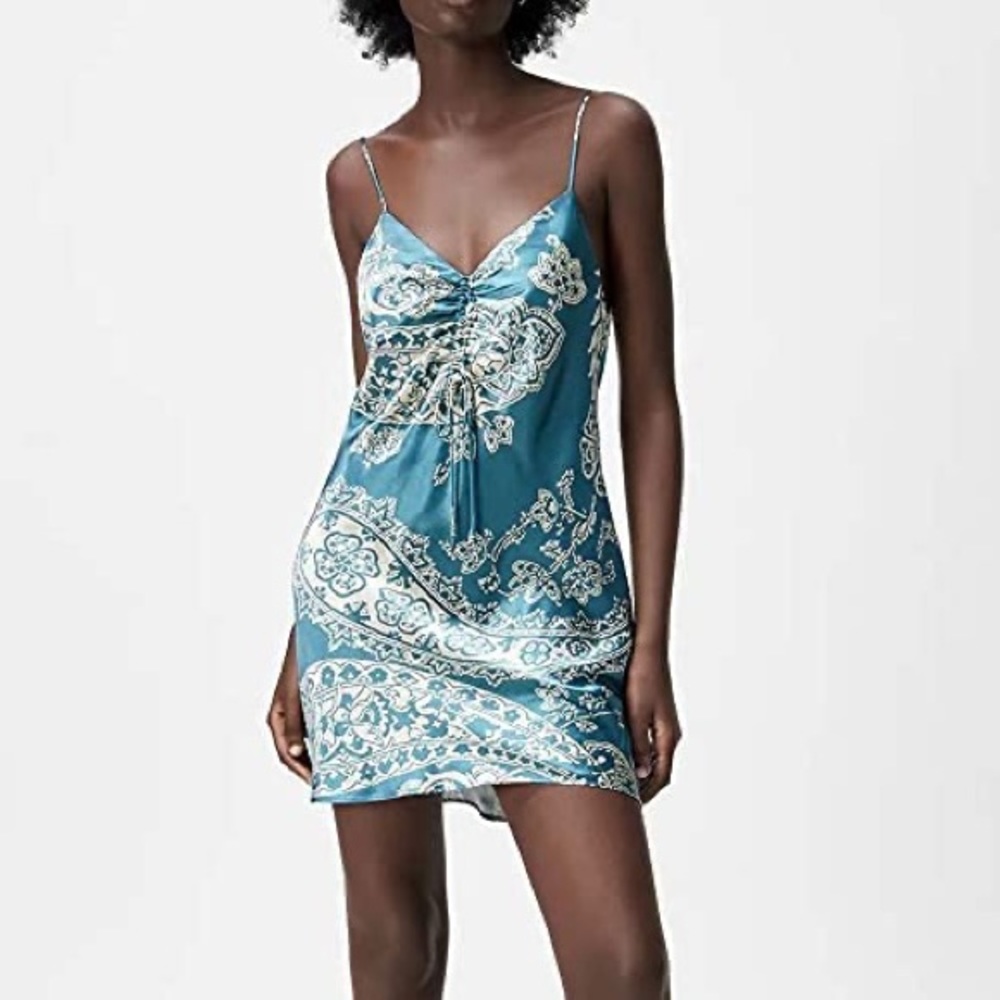 NWT ZARA Satin Effect Mini Dress Paisley Teal Blue White Cream Patterned Design